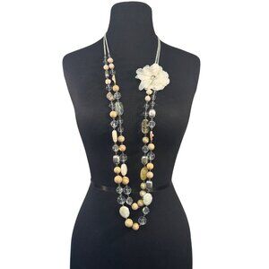 Long Multistrand Beaded Necklace Flower Accent NW Clear Beige